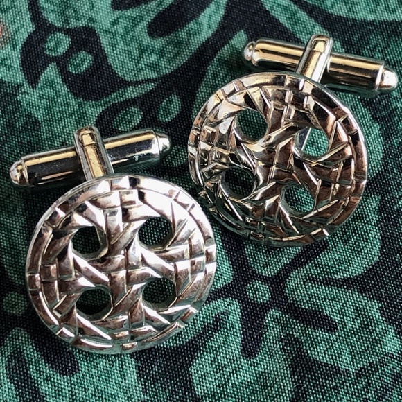 VTG 1970s Silvertone Button Cufflinks Basket Weave Design - Picture 1 of 6
